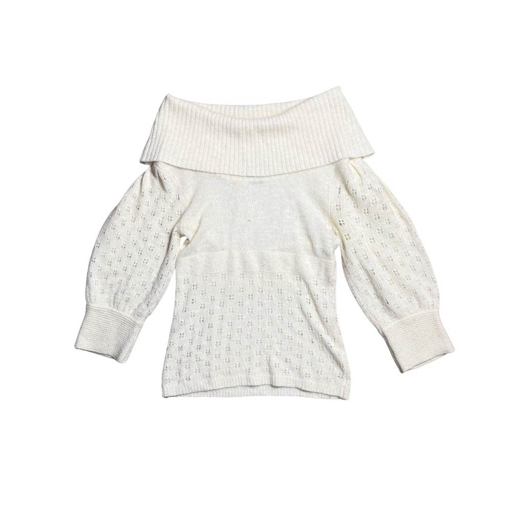 Arden B Cream Angora Wool Blend Off Shoulder Pointelle Puff Sleeve Sweater